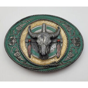 Vintage Siskiyou Belt Buckle D-5 1991 Pewter Enamel Longhorn Skull With Rope USA